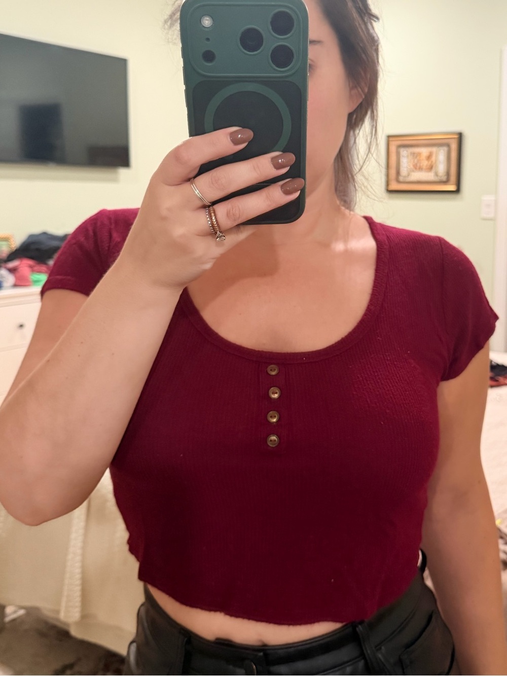 Bozzolo Burgundy Ribbed Scoop-Neck Button Crop Top